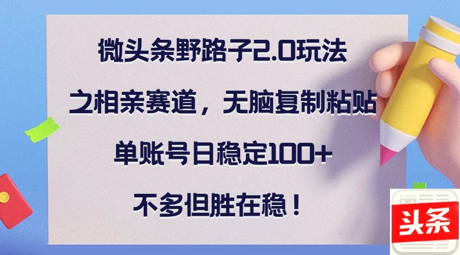 微头条野路子2.0玩法之相亲赛道，无脑复制粘贴，单账号日稳定100 ，不…-臭虾米项目网