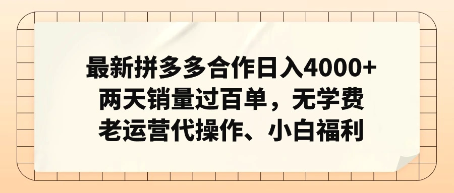 拼多多最新合作日入4000 两天销量过百单，无学费、老运营代操作、小白福利-臭虾米项目网