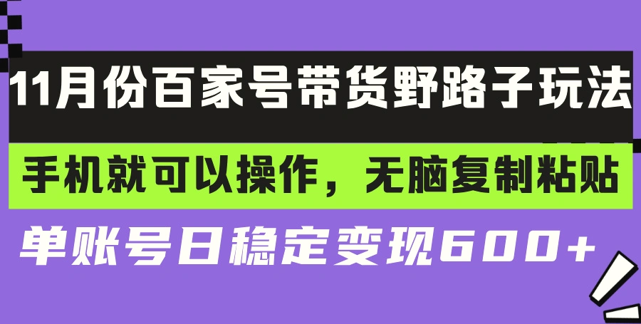 百家号带货野路子玩法手机就可以操作，无脑复制粘贴单账号日稳定变现…-臭虾米项目网